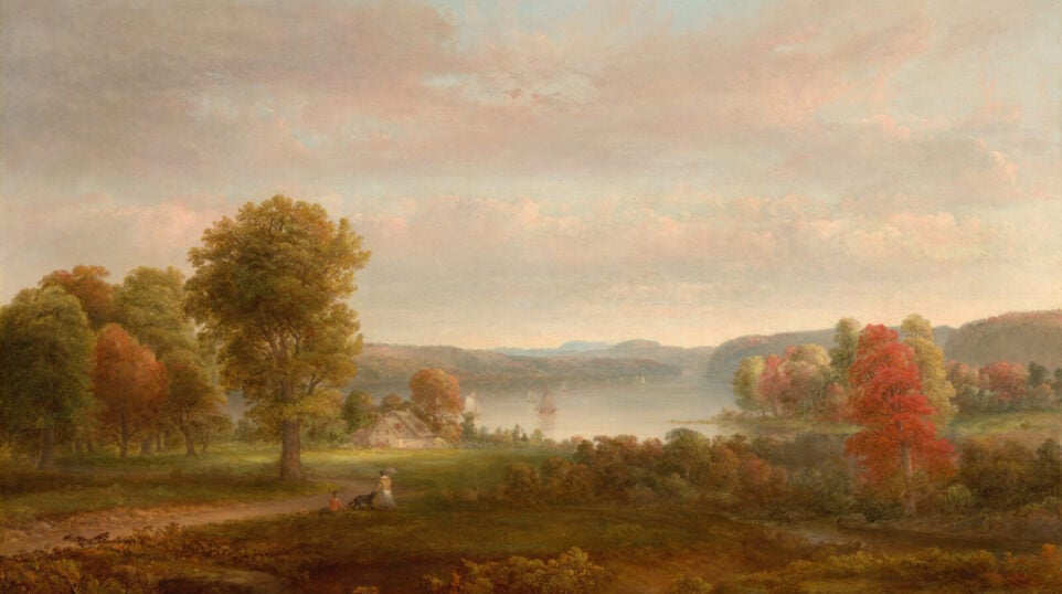 painting of fall foliage and landscape against a river with sailboats